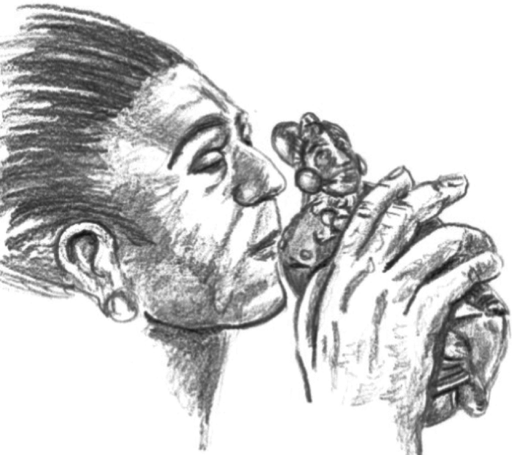 Figura 12. Dibujo que muestra la posición para ejecutar el aerófono. Dibujo de Moisés Aguirre