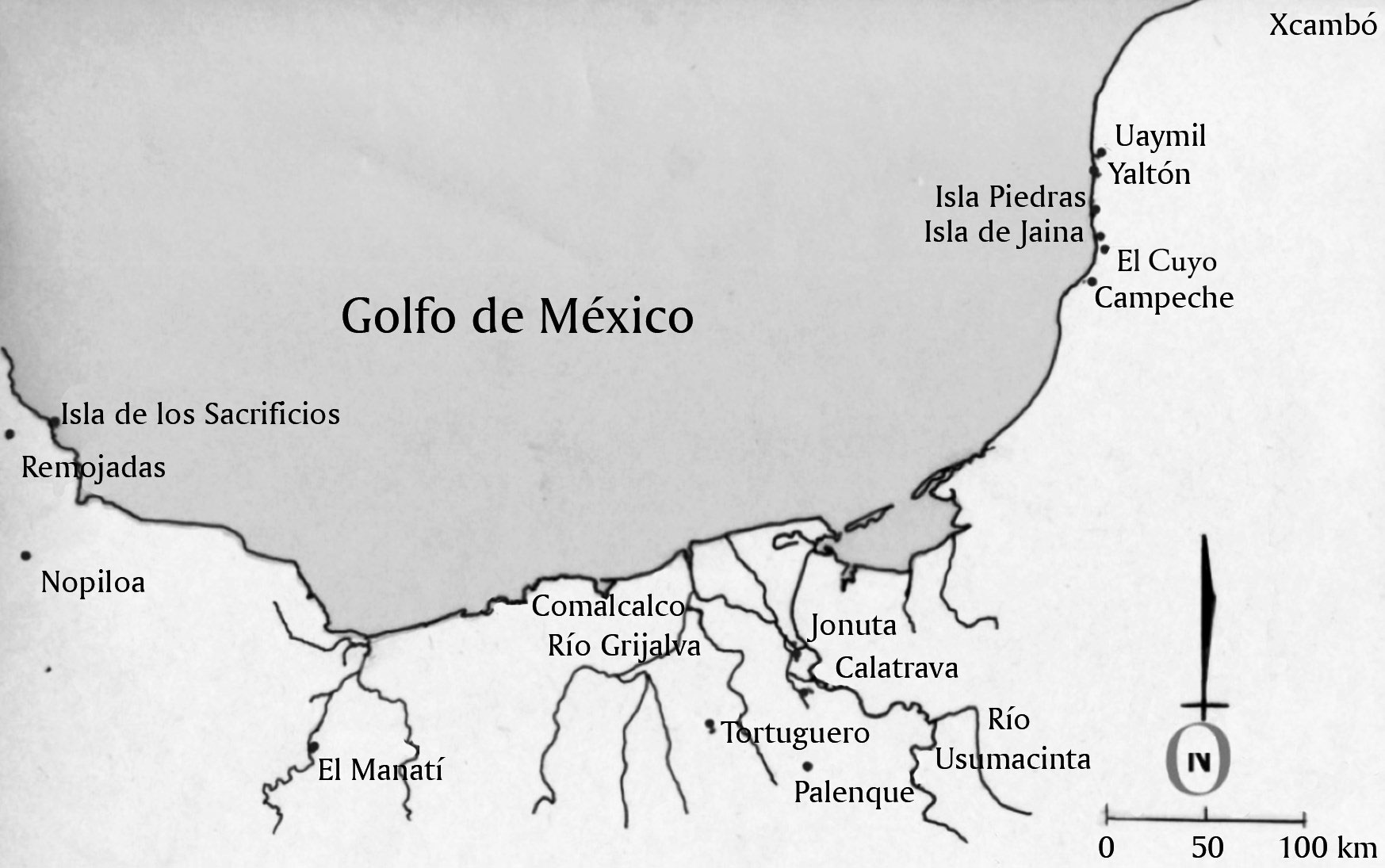 Figura 2. La Isla de Jaina y otros asentamientos costeros prehispánicos. Dibujo de Moisés Aguirre