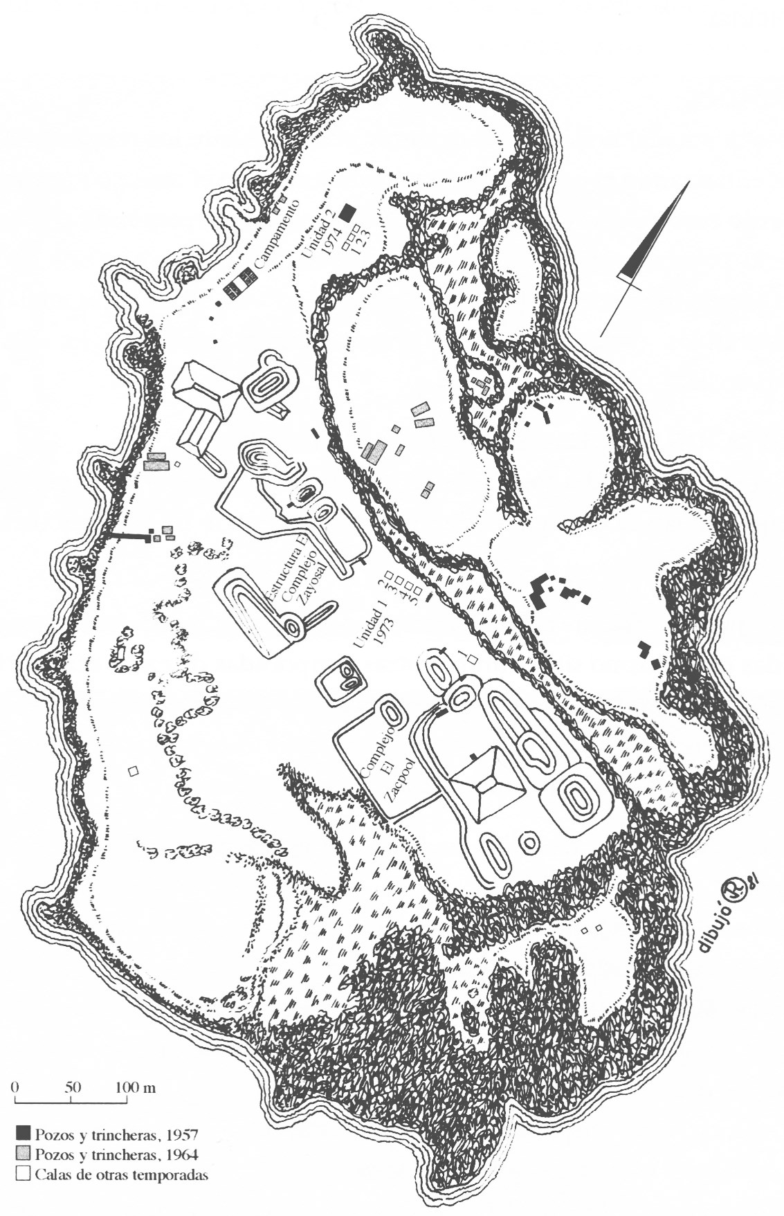 Figura 4. Ubicación de los pozos en las exploraciones de 1964. 
			Modificado de Piña Chan, 1968