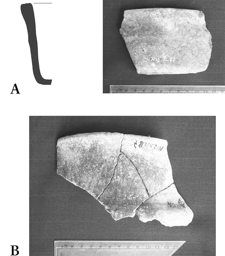 Figure 1. Ceramics of the early facet of the Balam Complex. A) Polvero Group with Fluted Exterior: Unspecified Variety vessel with thickened rim, square lip with grooved incisions, straight walls and flat bottom. Drawing by Nicole Oakden and photograph by author. B) Polvero Group Unnamed Grooved Incised: Unspecified Variety (Photographs by author).