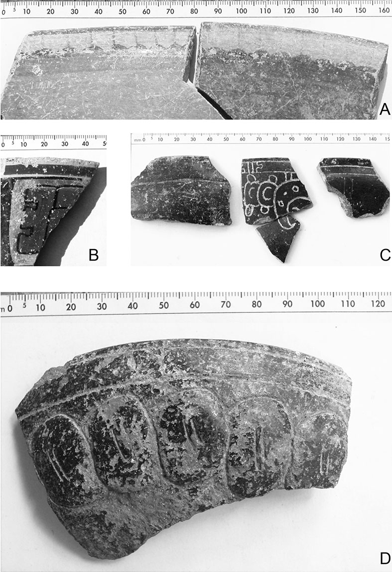 Figure 4. Figurative motifs of ceramics of the middle facet of the Balam ceramic complex. A) Row of “hand bells” in black over orange background. B) Undetermined figurative motif. C) Incised geometric designs (lines) and zoomorphic (bird?) image. D) Ovals in applique with incisions and lines (Photographs by author).