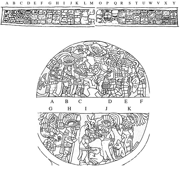 Figure 1. Text and Image of the Disk at the Caracol Tower (text drawing by Alexander Voss, 2001; figures by Mark Van Stone, April 13, 1997 in FAMSI Schele Drawing Collection no. 5085).
