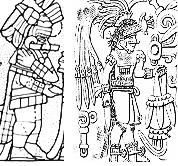 Figure 10. Comparison of Character A with figure at Lower Temple of Jaguars (drawings by Mark Van Stone <em>(a)</em> and Annie Hunter <em>(b)</em> in Maudslay, 1974, III: plate 49).