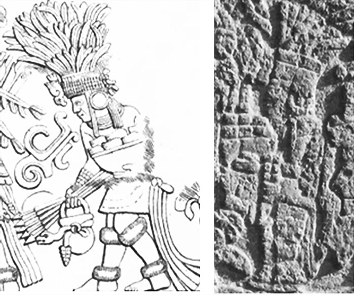 Figure 11. Comparison of Character E with figure of the Lower Temple of Jaguars (Annie Hunter in Maudslay, 1974, III: 49 and photo by Carl Callaway).