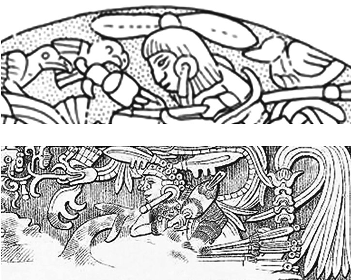 Figure 13. <em>a)</em> Disk; <em>b)</em> Lintel of the Upper Temple of Jaguars (drawings by Mark Van Stone <em>(a),</em> and Annie Hunter <em>(b)</em> in Maudslay, 1974, III: plate 35).