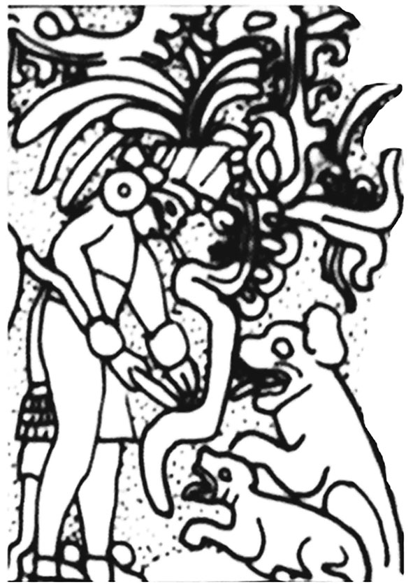 Figure 14. North Temple of the Great Ballcourt: ‘dogs” scene (drawing by Linda Schele, in Schele and Mathews, 1998: 254-255, figure 6.51).