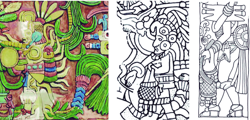 Figure 8. <em>a)</em> Quetzalcoatl Impersonator at the Lower Temple of Jaguars (Adela Breton unpublished images of the City Museum of Bristol; in Ringle, 2009: 30; fig. 13d); <em>b)</em> Person D with the bag  (drawing by Mark Van Stone); <em>c)</em> South Temple Wall Panel (drawing by Linda Schele in Schele and Mathews, 1998: 245, fig. 6.42).