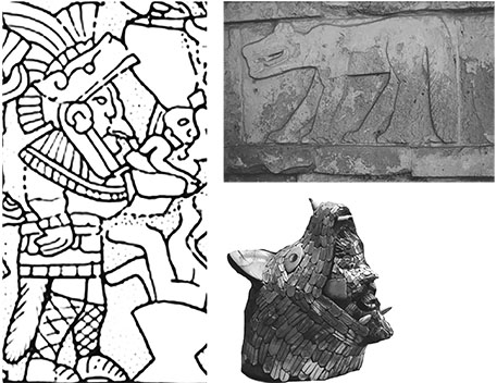 Figure 9. <em>a)</em> Character C at the Disk (drawing by Mark Van Stone); <em>b)</em> Stucco relief of Tula, Hidalgo; <em>c)</em> Toltec Coyote Headdress (Tula, Hidalgo; both photos by José Daniel Martínez Gastélum).