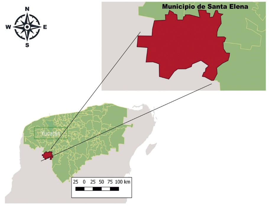 Mapa 1. Ubicación del municipio de Santa Elena, Yucatán, México. Elaborado por Gerardo García Gil (Departamento de Botánica, Campus de Ciencias Biológicas y Agropecuarias, UADY).