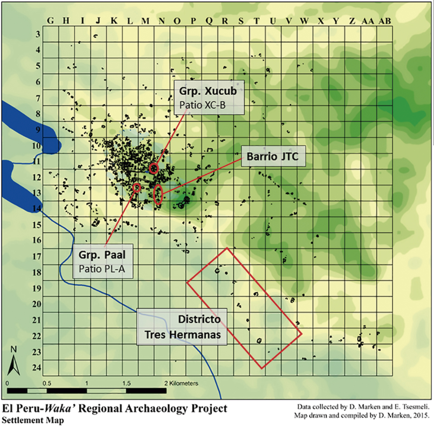 Mapa 8. Los grupos residenciales excavados de El Perú-Waka’ (elaborado por D. Marken).
