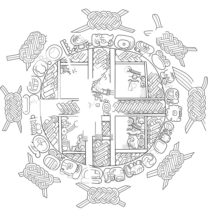 Figura 4. Elementos epigráficos e iconográficos plasmados en la superficie del Altar 10  (Dibujo: Octavio Esparza).