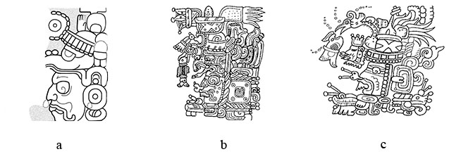 Figura 6. Representaciones del Dios GI en piezas de cerámica y piedra del Clásico Temprano: a) Altar 10 de El Palmar, b) y c) vasijas cerámicas de la región de Tikal (Dibujos: a) Octavio Esparza, b) y c) tomados de Stuart, 2010: 120).