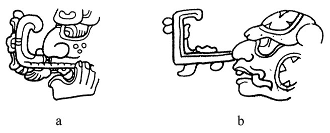 Figura 8. La “serpiente de nariz cuadrada” vinculada con la figura de Kihnich o sus personificaciones: a) Estela 31 de Tikal, b) Estela D de Quriguá (Dibujos tomados de Taube, 2003: 432).