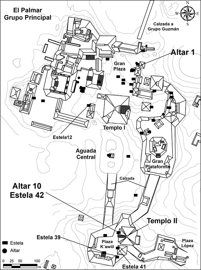 Mapa 2. Mapa planimétrico del Grupo Principal con la ubicación de los monumentos esculpidos (Dibujo: Kenichiro Tsukamoto).