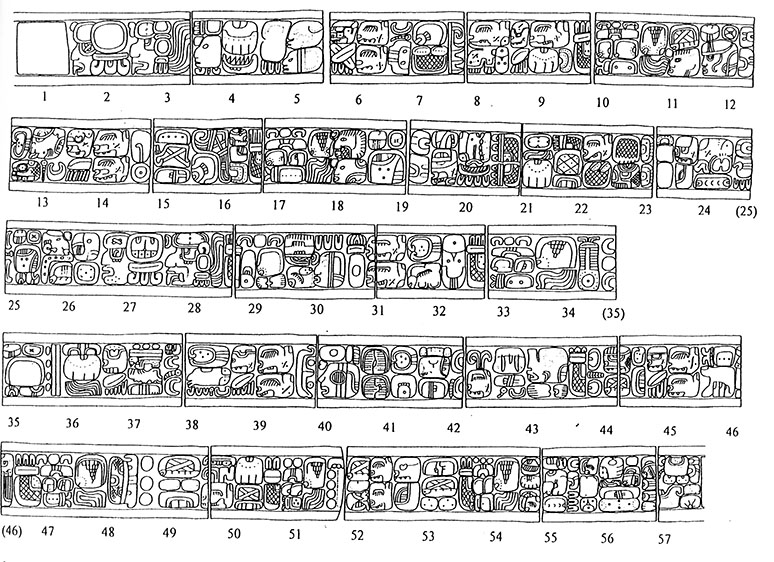 Figura 5. Banda de jeroglíficos de la Casa Colorada de Chichén Itzá, 13-14, <em>joch’b’iiy u k’ahk’</em>,“es el taladrado de fuego de…”. (Dibujo de Alexander Voss, tomado de Grube y Krochock, 2011: 165, fig. 8).