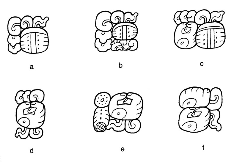 Figura 8.  Formas alternativas del jeroglífico <em>och k’ahk’</em>, “el fuego entra” (Stuart, 1998: fig. 8).