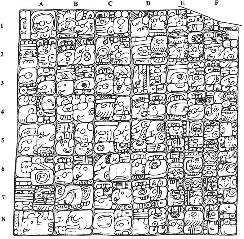 Figura 9. Dintel 10 de Yaxchilán, lado frontal, E1-F1, <em>ochi k’ahk’ tu wahyib’il</em>,<em> “</em>la casa del dios” (Dibujo de Ian Graham, tomado de Graham y von Euw, 1977: 3, lámina 31, según Stuart, 1998: 397).