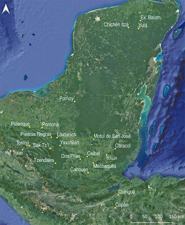 Mapa 1. El área maya con los sitios arqueológicos citados. Tomado de Google Maps con QGIS y “QuickMapServices” modificado por Chrystian Reyes Castillo.