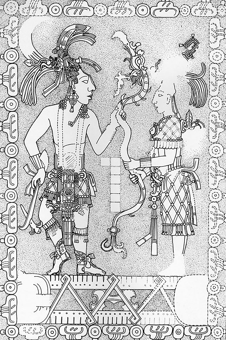 Figura 1. Baile con serpientes. Pilar D de la Casa D del Palacio, Palenque
