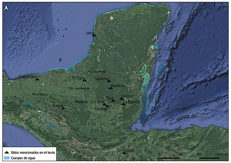 Mapa 1. Ubicación de los sitios donde se han recuperado algunas figurillas sonoras mencionadas en el texto. Elaborado por Chrystian Reyes Castillo.