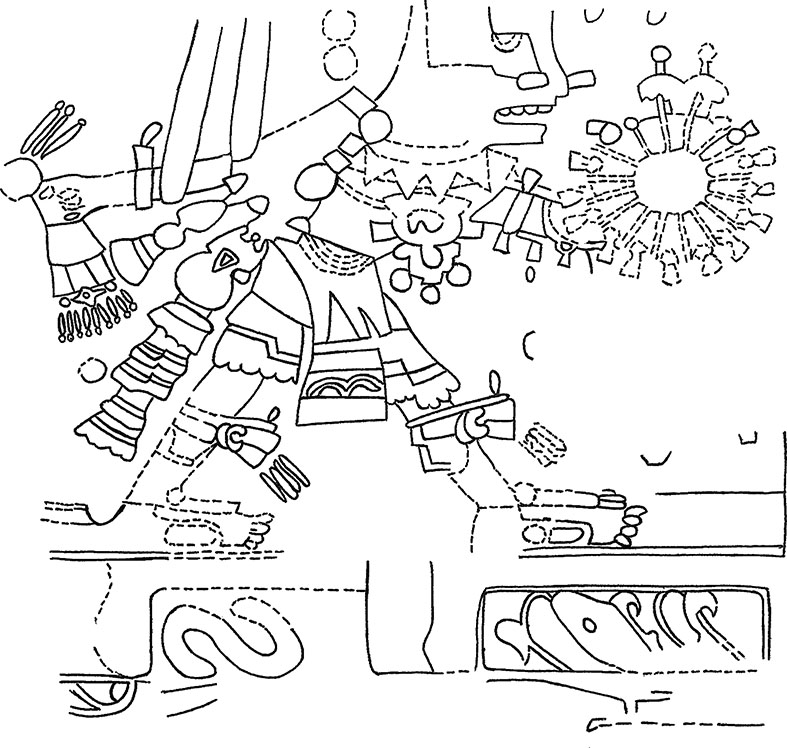 Figura 1. Mural de Q'umarkaj que representa a un posible gobernante Kaweq.  Dibujo de Dwight T. Wallace, copiado por Moisés Aguirre,  a partir de Carmack, 1979: 284.
