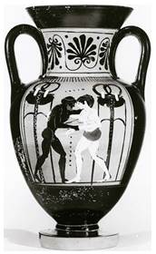 “Atalanta y Peleo”, cerámica de figuras negras, pintor de Diosfo, 520 a. e. c.