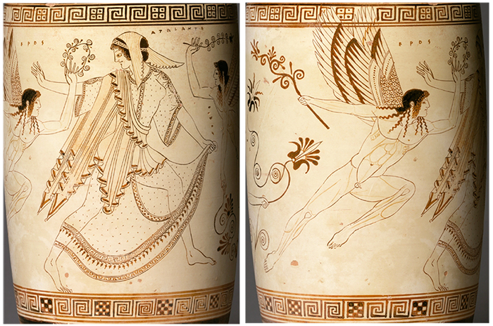 “Atalanta y Erotes”, dos vistas del lécito ático con fondo blanco, atribuido a Duris, 500 a 470 a. e. c.